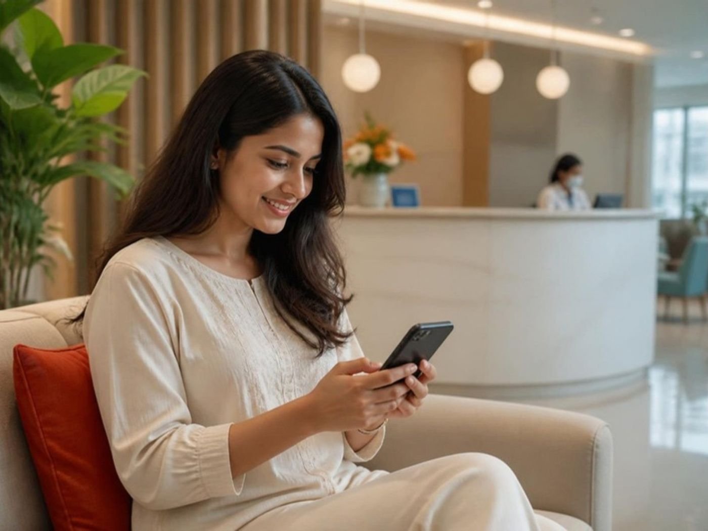 A patient messaging a clinic on her phone in a waiting area (AI-generated illustration)