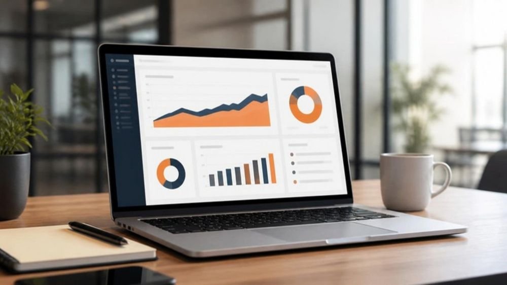 A laptop showing campaign performance charts (AI-generated illustration)