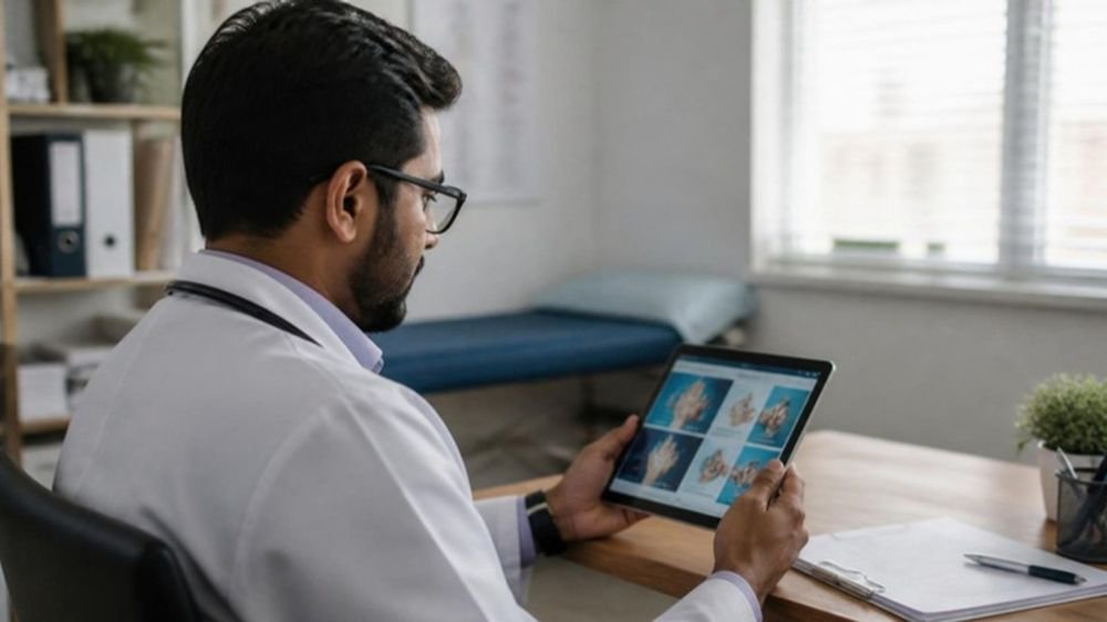A doctor reviewing educational content on a tablet (AI-generated illustration)