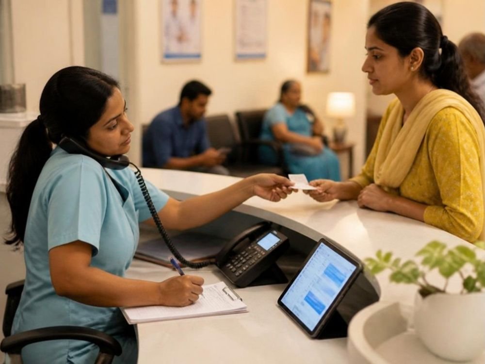 A clinic front desk handling a patient (AI-generated illustration)